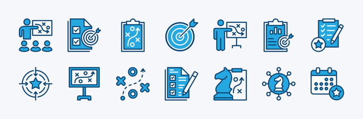 Set of action plan icon. Containing planning, strategy, goal, target, schedule, analysis, objective, tasks, connection, collaboration, implementation, step, presentation, teamwork. Vector illustration