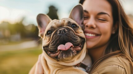 Smiling woman in beige jacket enjoying time with her French Bulldog in an urban park setting.