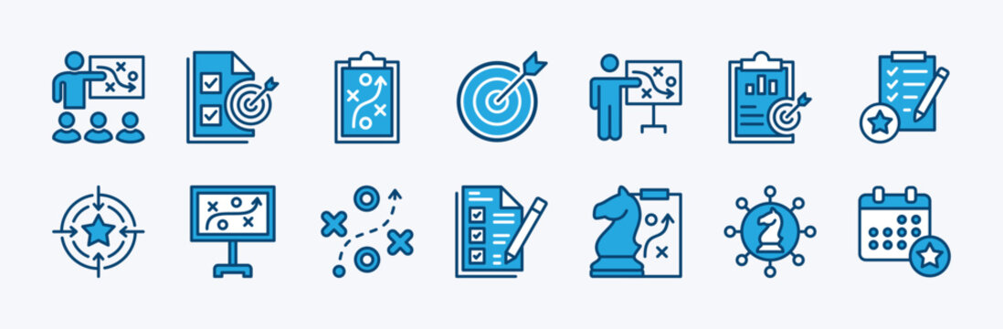 Set of action plan icon. Containing planning, strategy, goal, target, schedule, analysis, objective, tasks, connection, collaboration, implementation, step, presentation, teamwork. Vector illustration