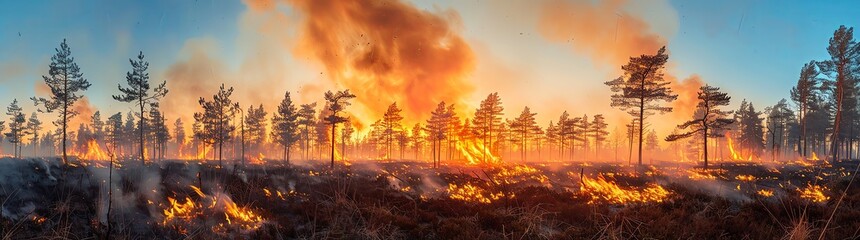 Fototapeta premium A forest fire in the Scandinavian pine forests at dawn, flames and smoke create an atmospheric scene. The sky is blue with orange hues from the burning trees. A panoramic view of the landscape showing