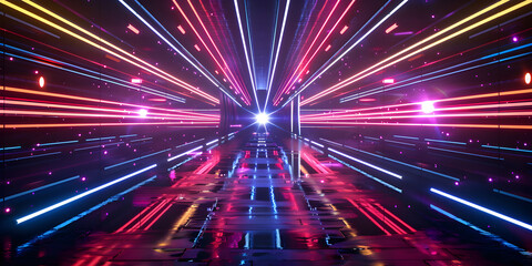 Vibrant red and blue laser light beams radiating from a central point on a dark background, ideal for music event promotions or futuristic concepts.