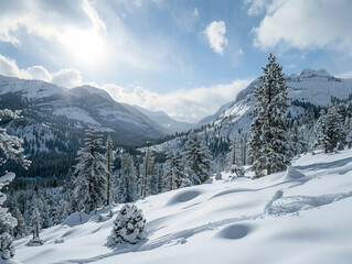 Winter wonderland with snow-covered trees, rolling hills, and majestic mountains under a clear sky.