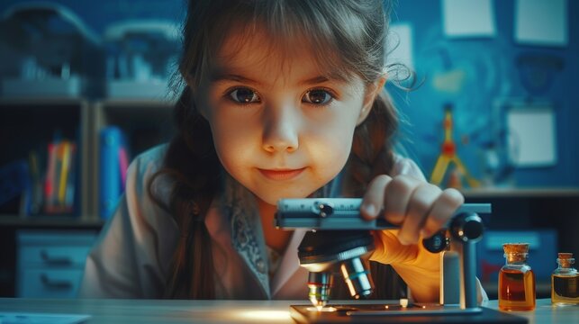 The cute girl uses a microscope in her elementary school classroom as part of an education program in STEM (science, technology, engineering and mathematics).