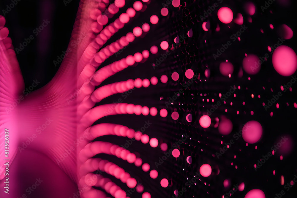 Wall mural abstract 3d banner with pink dots, waves and lines on a black background. geometric dark wallpaper w