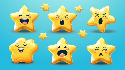 A cute set of funny star characters with various emotions isolated on a blue background. Modern cartoon set of humorous star characters with happy smiles, angry faces, arrogant looks, confused looks,