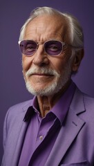 Fototapeta premium Gray-haired elderly man in stylish club clothes on a violet background.