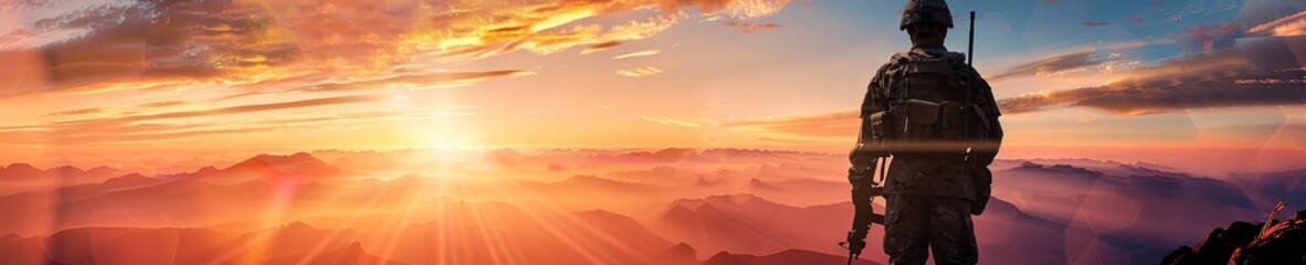 Soldier and USA flag on sunrise background