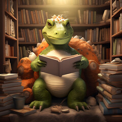 A dinosaur reads books in the library. Illustration. Abstract concept of schooling.	