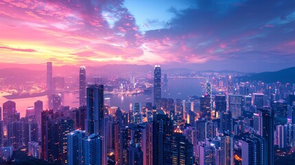 AI is featured against a backdrop of a city skyline that is aglow with the fading light of day, with holographic projections casting a futuristic vision based on data-driven insights.