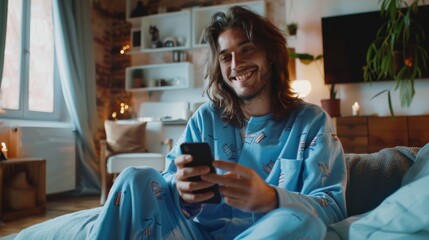 He is holding a cup of coffee as he scrolls through the newsfeed and checks social media notifications. Young Man with Long Hair is Using Smartphone at Home while Wearing Blue Pajamas. - Powered by Adobe