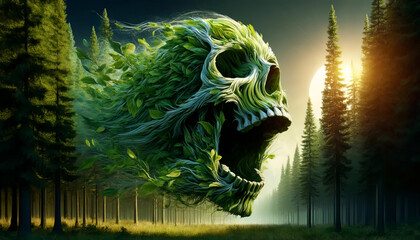 Artistic illustration of green skull with forest sunlight background. Digital art concept, death
