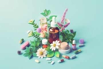A bottle of essential oil surrounded by flowers and pills, perfect for aromatherapy and wellness concepts