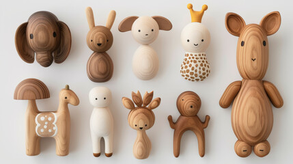 Fototapeta premium The image shows nine wooden toy animals including an elephant, rabbit, dog, giraffe, kangaroo, alpaca, bear, deer, and a monkey neatly arranged on a light background.