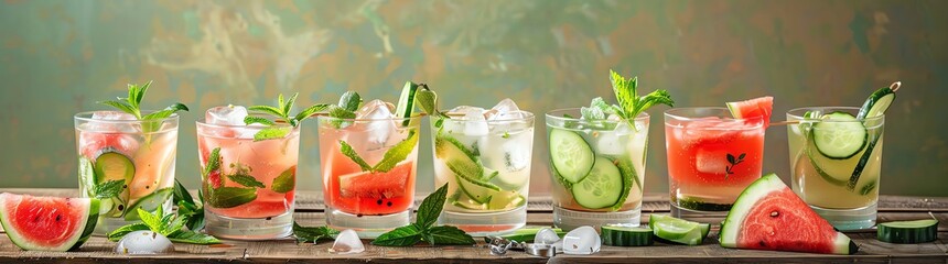 A photo of summer watermelon and cucumber cocktails, various glasses with ice cubes and garnishes, on rustic wooden table, banner format, copy space for text, bright colors, high resolution photograph