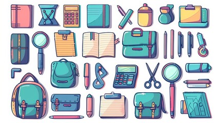 Educators' and office supplies icon set featuring a pencil, a pencil shader, a pen, a marker, a notebook, a ruler, an oversized magnifier and a backpack.