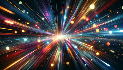 Naklejka premium Vivid explosion light fibers glowing particles dark background. Conceptual digital art projects