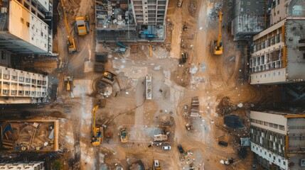 New Construction Development Site with Diverse Team of Engineers and Architects Discussing Real Estate Projects. Heavy Machinery and Construction Workers Work in the Area.