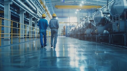 A couple of engineers are discussing a new manufacturing plant design, walking across an empty factory floor, inspecting, planning where all of the machinery would be put.