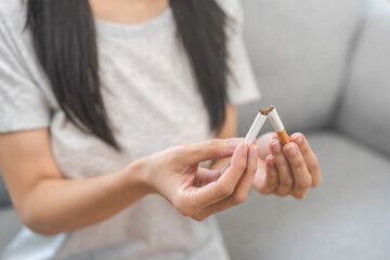 Quit smoke, No smoking health care concept, addiction asian young woman, girl refuse cigarette,...