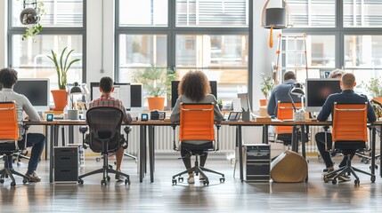 Multiple individuals seated at desks in a busy office environment, engaged in work tasks and discussions