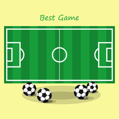 A soccer field with soccer balls in the foreground and an inscription above is the best game. Vector illustration