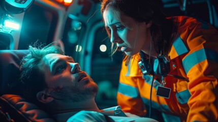 The emergency care assistant checks up and uses a flashlight on the sick young man with a neck collar as EMS paramedics ride to a hospital with injured patients. - Powered by Adobe