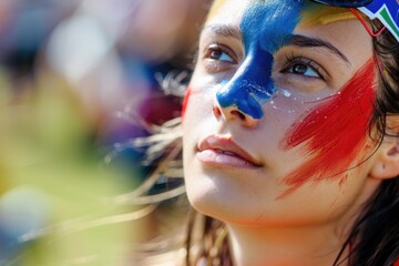 A woman with a painted face wearing sunglasses. Suitable for fashion and beauty concepts