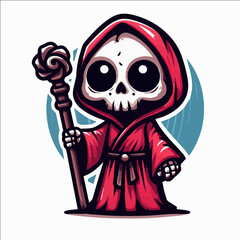 Cute cartoon illustration of grim reaper wearing red robe and holding staff, generative ai