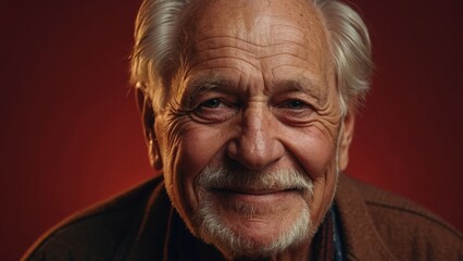 Obraz premium Gray-haired elderly man in stylish club clothes on a red background.