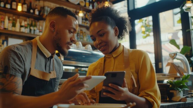 There is a large team meeting taking place in the midst of a stylish coffee shop. A male barista and a female cafe owner discuss work schedules and menus on a tablet computer.