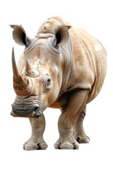 Fototapeta premium Detailed close up of a rhino on a plain white background. Suitable for educational materials or wildlife conservation campaigns