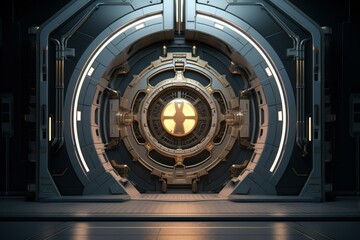 3d rendered image of a heavy-duty sci-fi inspired vault door, symbolizing high security