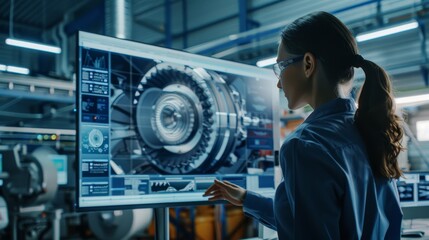 Women Engineers Talk to Project Managers, Watching Interactive Whiteboard TV Showing New Sustainable Eco-Friendly Engine 3D Concept. Modern Factory with Machinery. Modern Factory.