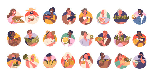 Set Of Diverse People Enjoying Different Kinds Of Meals, Happily Engaged With Foods Like Salad, Greens, Pizza And Fruits