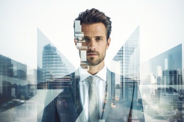 Fototapeta premium The double exposure image of the business man standing back during overlay with cityscape. Generative AI.