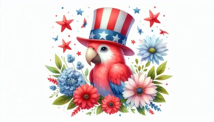 Parrot 4th July Watercolor Celebration USA (United State) Art Cute Cartoon For Independence Day Animal Patriotic with American Flag Memorial Day Clip Art