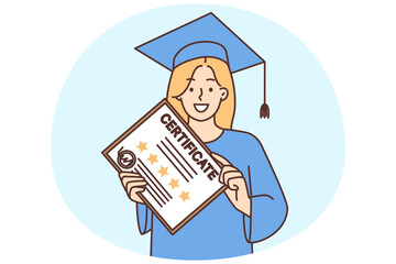 Smiling woman hold graduation diploma in hands