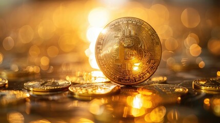 Golden bitcoin on golden bokeh background. Cryptocurrency bullrun concept with copy space. Saving and increasing money