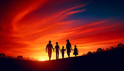 Fototapeta premium Silhouette of a family walking hand in hand against a vibrant sunset sky. The family consists of two adults and three children