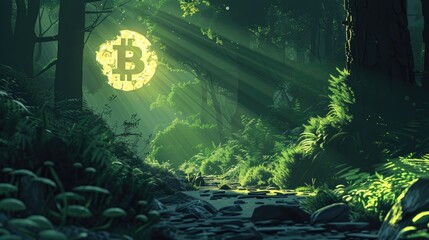 Obraz premium Digital composite of Bitcoin sign in the forest. Cryptocurrency concept.