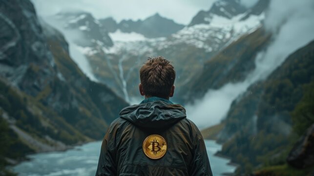 A young man in a green jacket with a golden bitcoin on his back on the background of a mountain with snow landscape. Cryptocurrency concept.  - Powered by Adobe