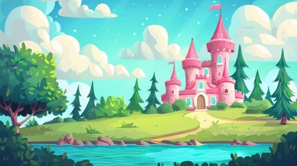 On a green hillock with blue water surface on a summer day, a pink magical castle with firs surrounds it. A fairytale palace under a cloudy sky. Fantasy medieval architecture, Cartoon modern