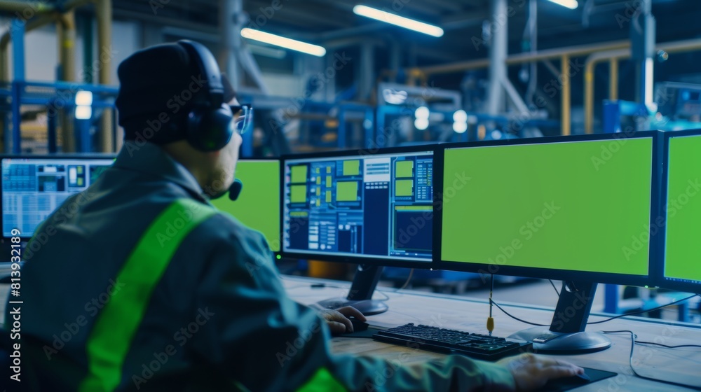 Poster security operator controls workshop production line properly with a computer with six screens displa