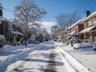 A charming winter scene with snow-covered houses and a quiet street lined with trees.