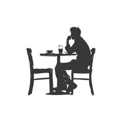 Silhouette man sitting at a table in the cafe black color only