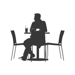 Silhouette man sitting at a table in the cafe black color only