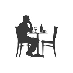 Silhouette man sitting at a table in the cafe black color only