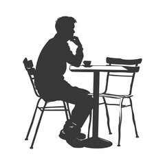 Silhouette man sitting at a table in the cafe black color only