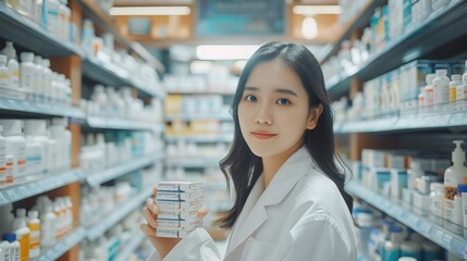 An Asian female pharmacist holds an empty pillbox, looking at the camera, smiling. A pharmacy drugstore with health care products, with a specialist recommending what is best.
