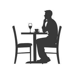 Silhouette man sitting at a table in the cafe black color only